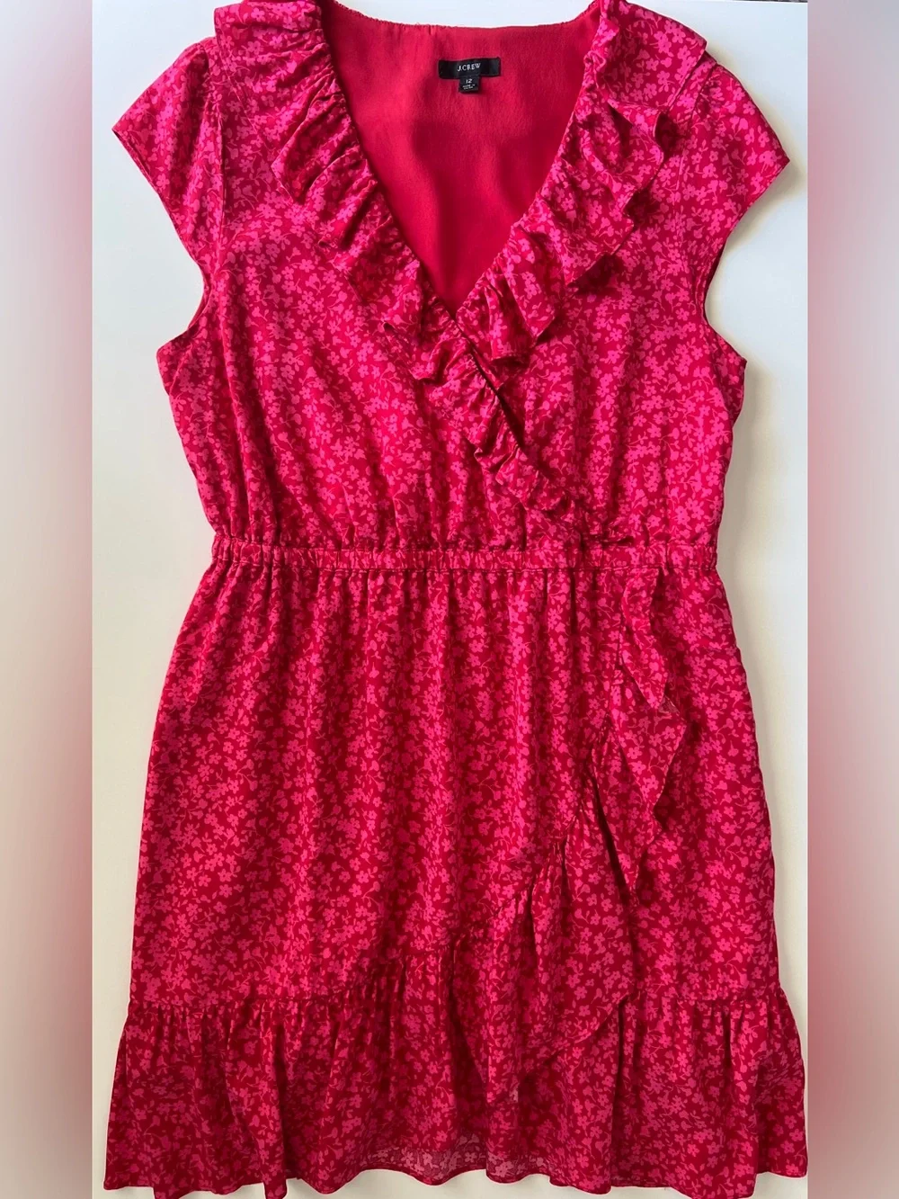 J.Crew Pink Floral Ruffle Wrap V-Neck Dress Size 12 Tossed Bouquet Knee Length